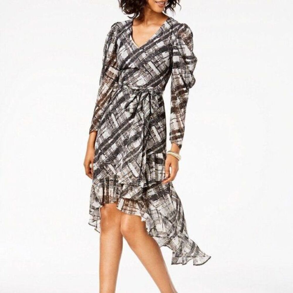 Taylor Black‎ White Gray Gold Plaid  High Low Dress Sz 4 NEW
